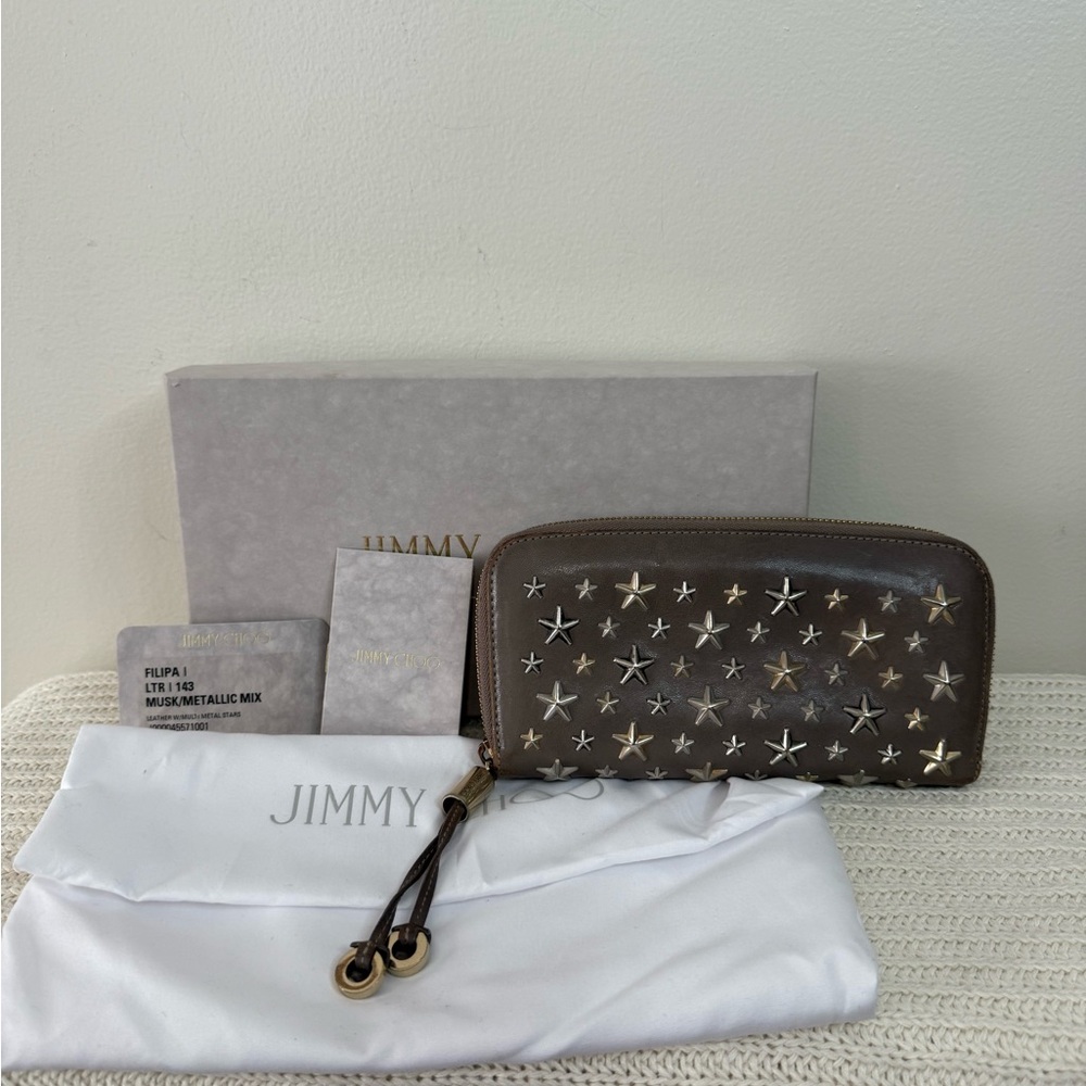 Jimmy Choo Fillipa Taupe Wallet with Star Accents Full inclusion